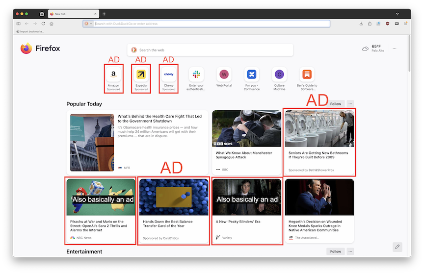 Firefox home screen, showing 3 sponsored links, two sponsored "news" stories, and two "news" stories that aren't sponsored but are also basically ads
