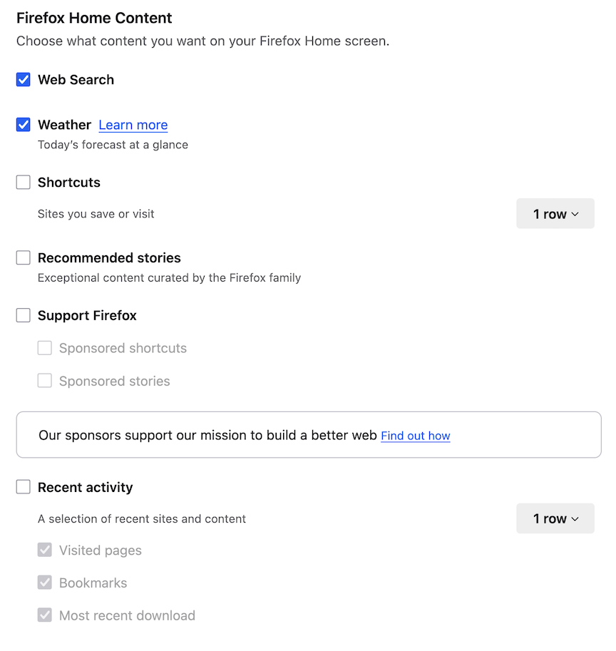 Firefox Home settings